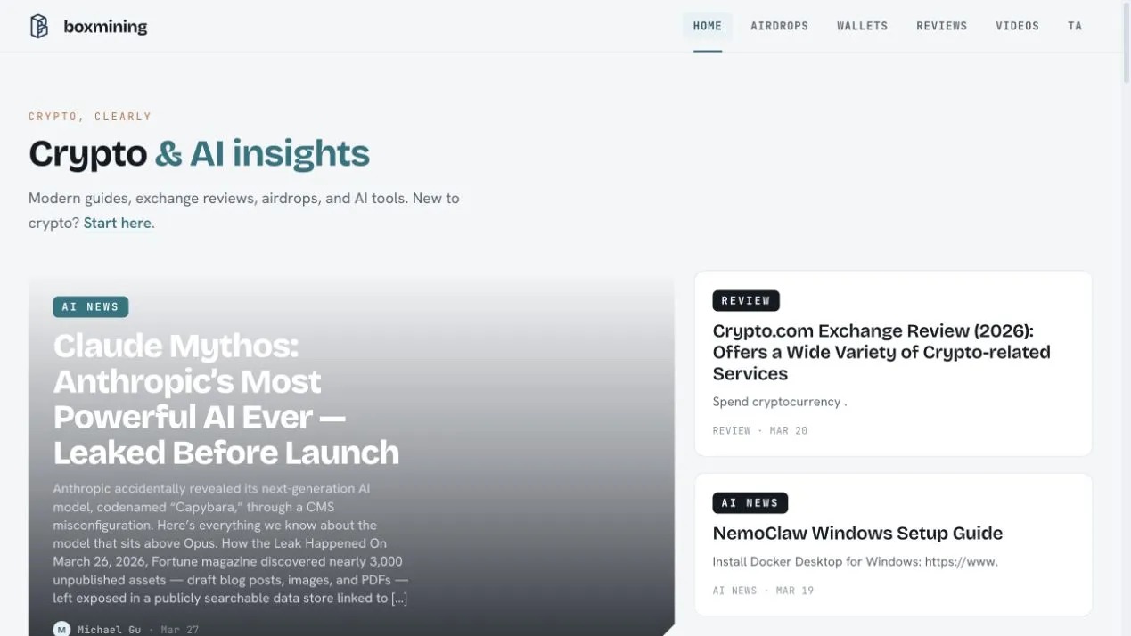 Boxmining homepage showing the modern crypto and AI insights publication