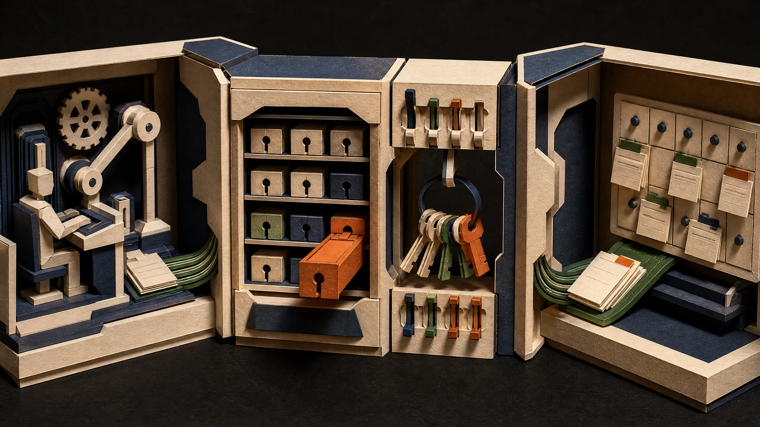 Hand-cut paper MCP catalog bridge connecting Hermes to an external task board through authentication keys and permission controls