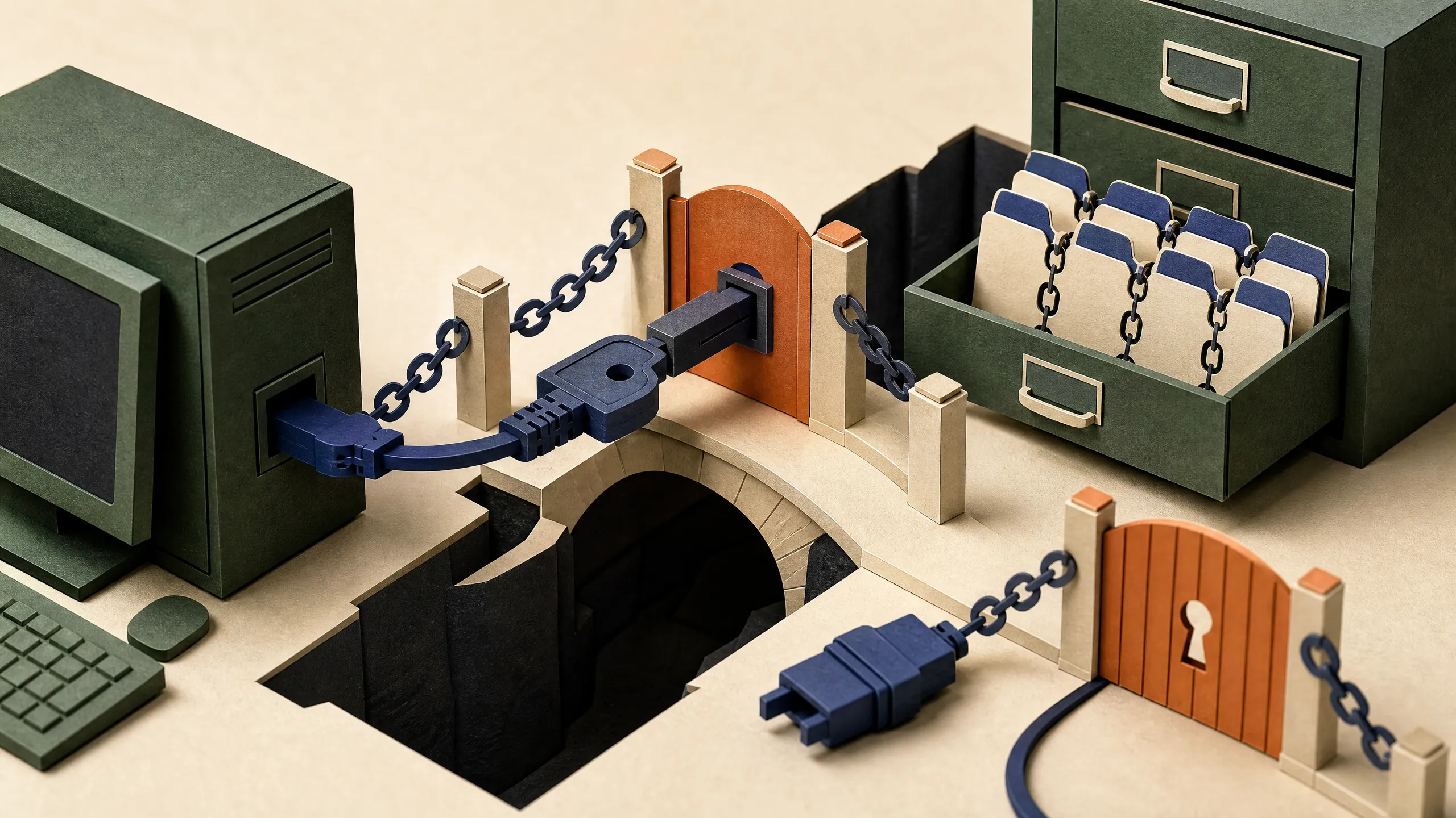 Paper diorama of a narrow keyed connector retrieving records through a permission gate with revocation shown beside it.