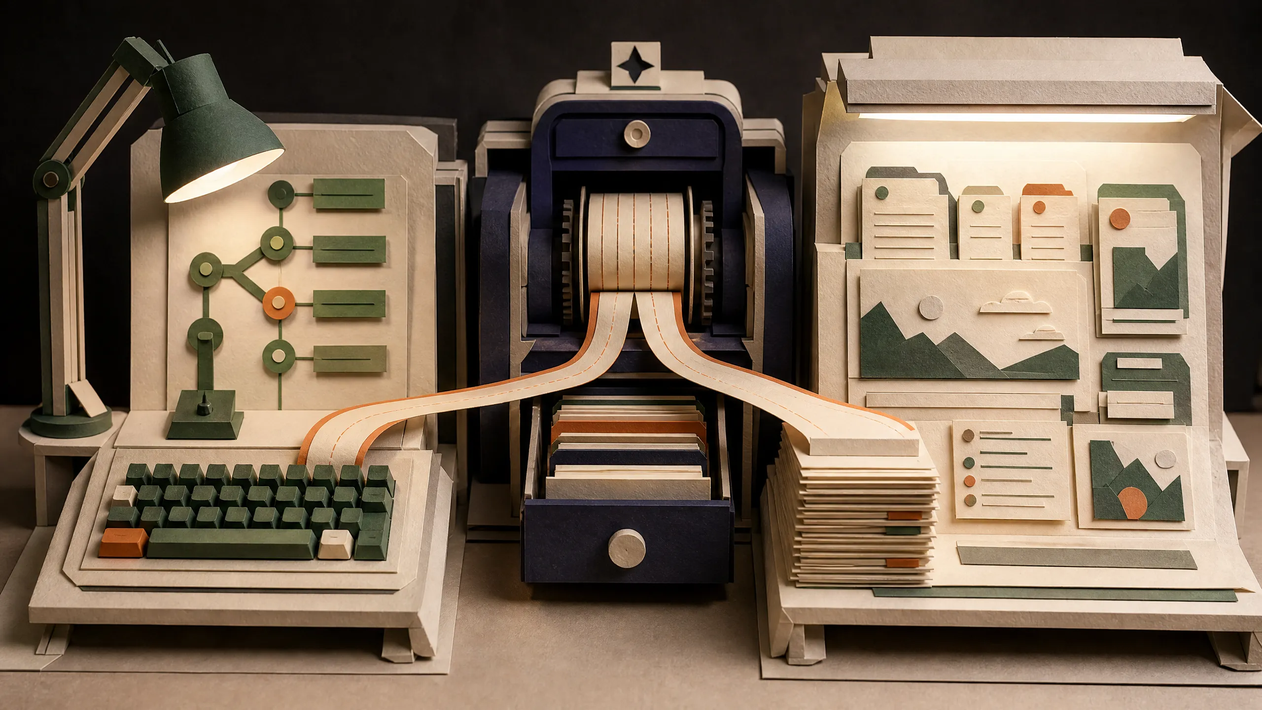 Hand-cut paper terminal and desktop workstations connected to one shared Hermes session and memory spool