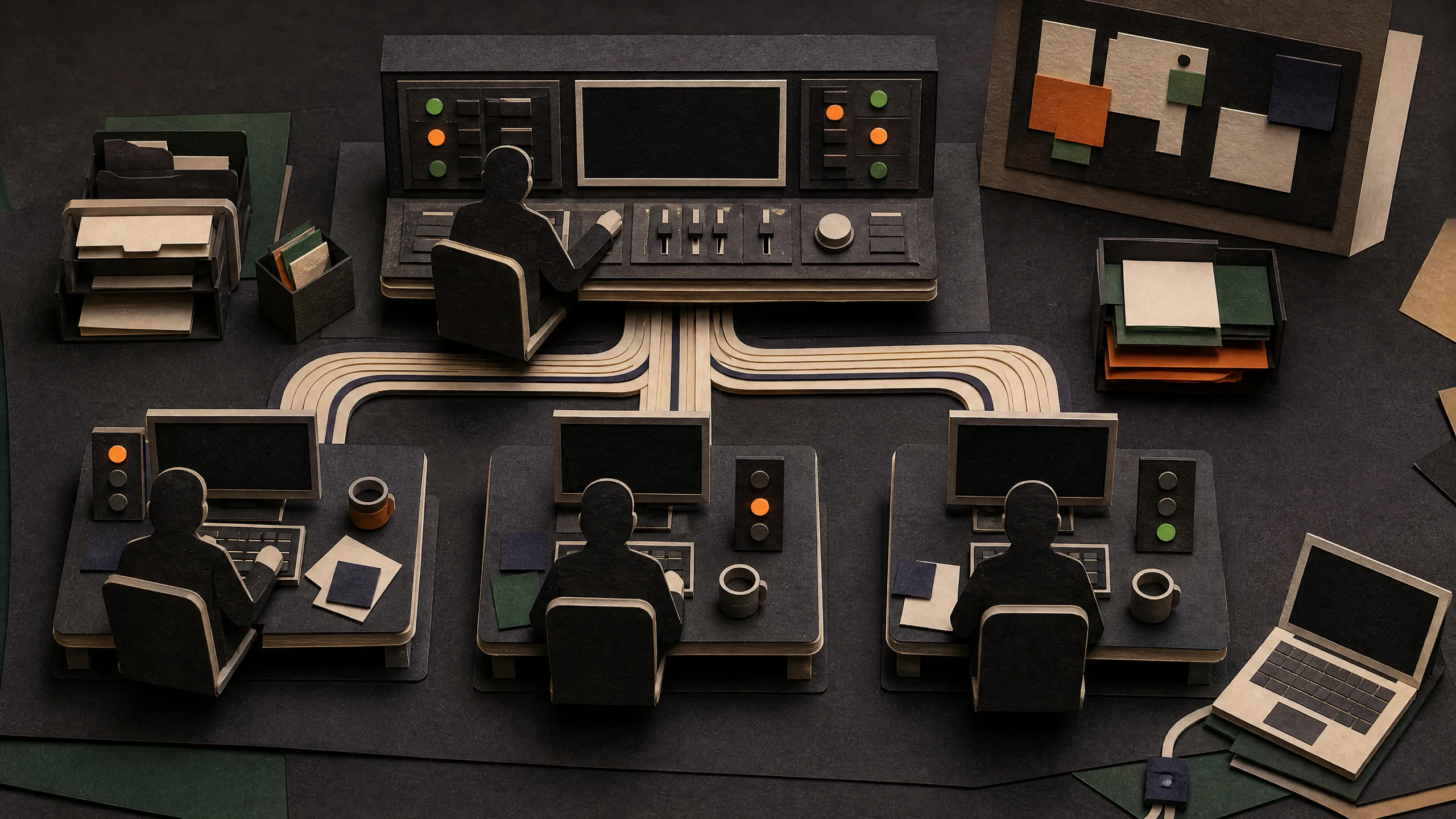 Hand-cut paper control room with one lead operator connected to three coding-agent workstations and a reconnecting laptop