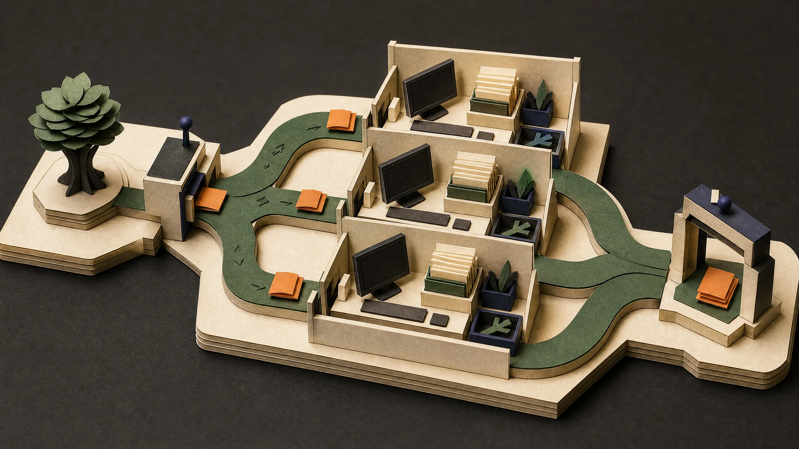 Hand-cut paper dispatch tower routing three coding agents into separate Git workspaces that converge at a review gate