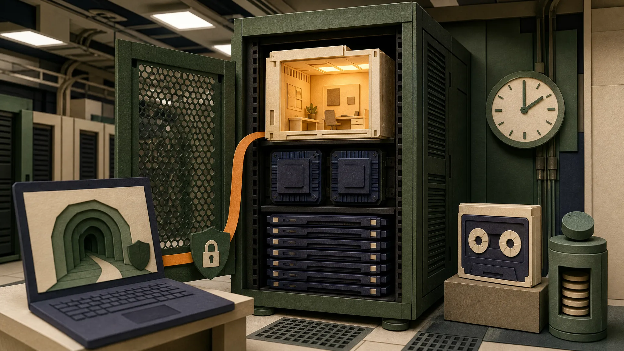 Hand-cut paper always-on VPS cabinet with a containerized Hermes workspace, private laptop access, clock, backup, and budget controls