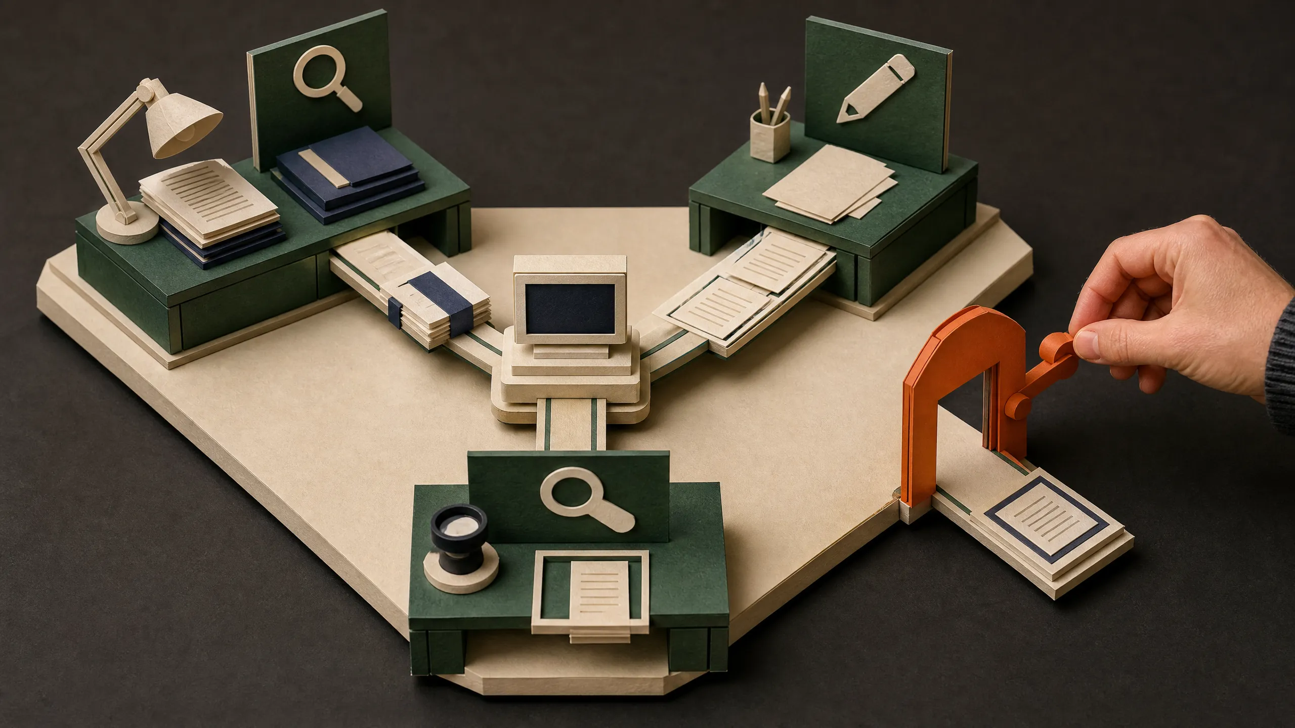 Paper diorama of research, writing, and review stations moving one artifact toward a human approval gate.