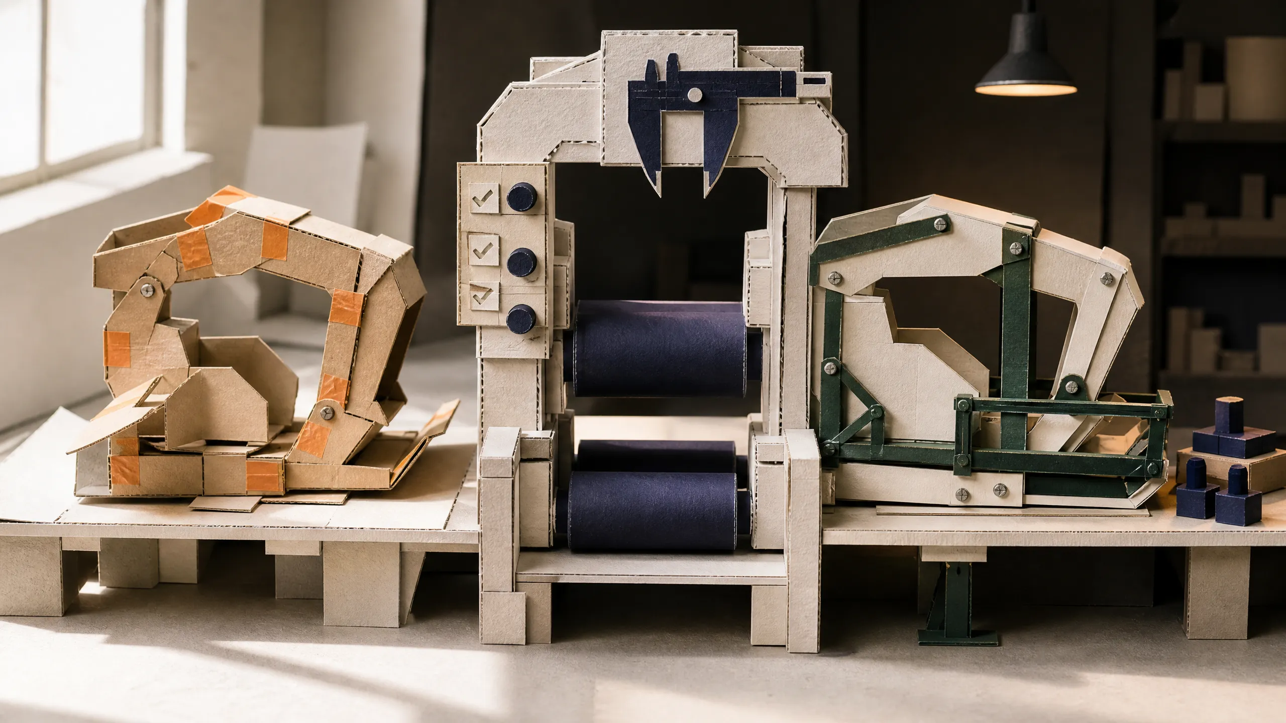 A taped cardboard prototype passes through an inspection rig and becomes a braced production mechanism.