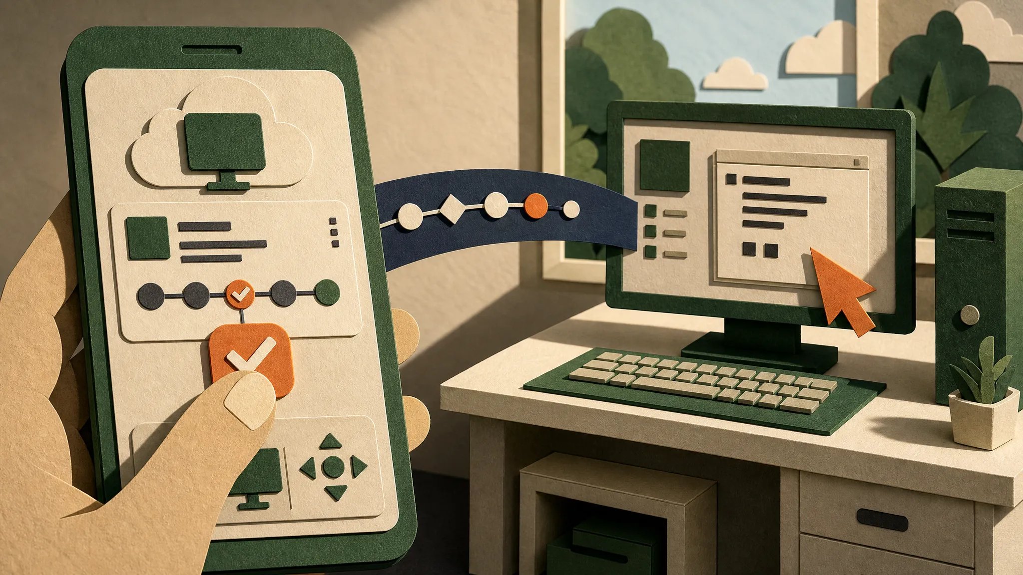 Paper diorama of a smartphone monitoring and briefly taking control of a remote cloud computer.