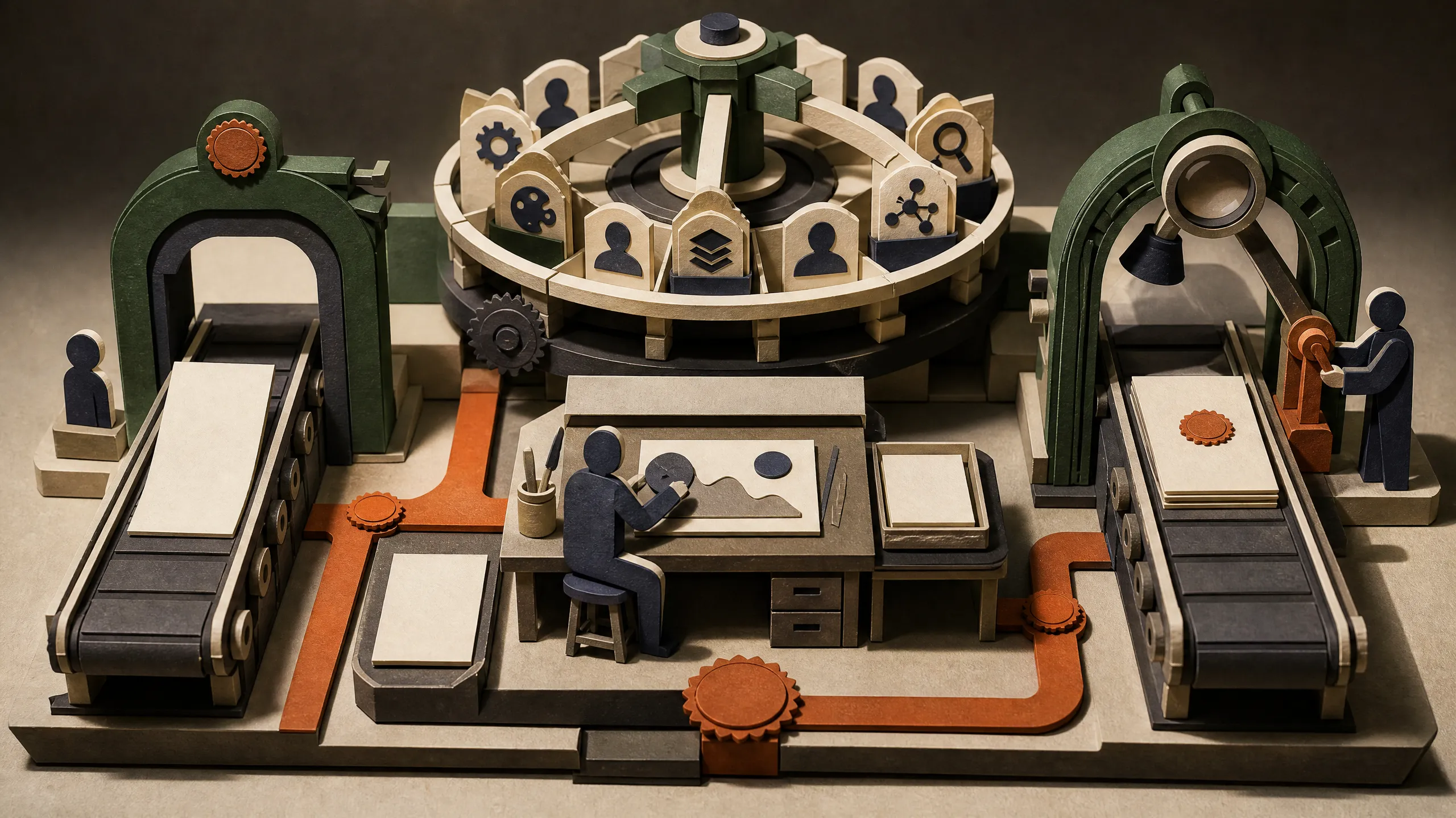 Hand-cut paper workflow routing a request through named capabilities, active execution, and a separate human verification gate