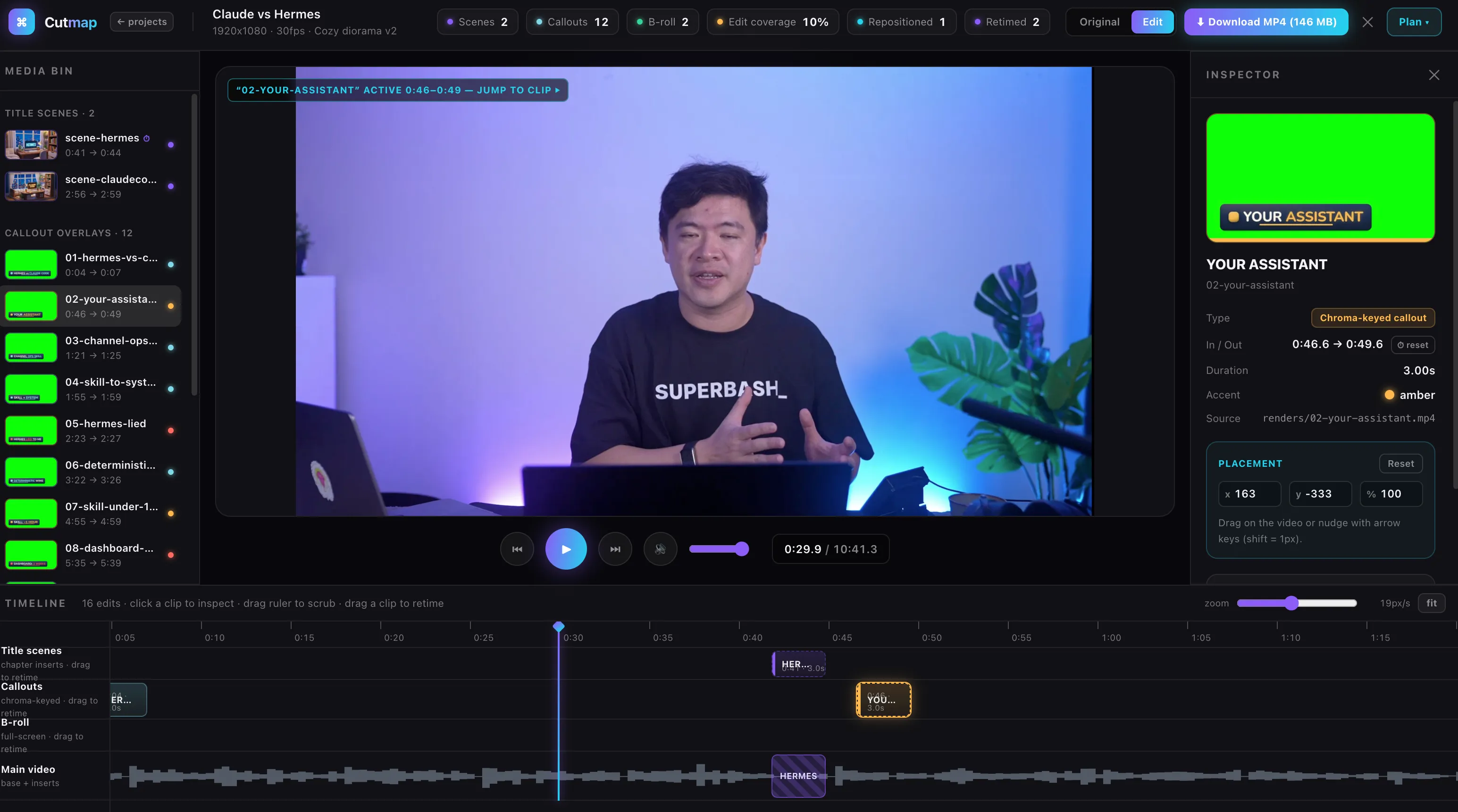 Cutmap editor showing title scenes, callout overlays, B-roll, and a main video waveform on separate timeline tracks