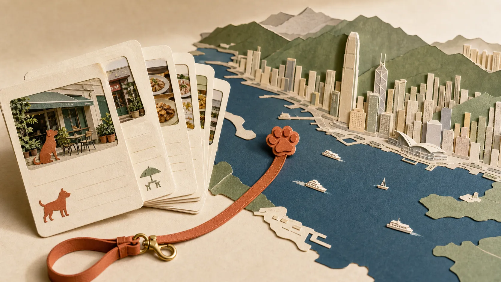 Paper collage of Hong Kong harbour, restaurant research cards, and a dog leash connecting the records to a city map