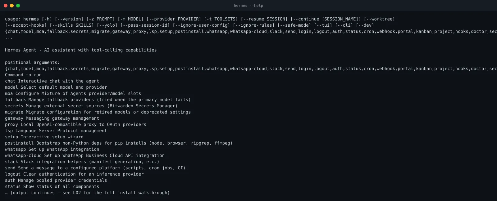 Output of the hermes --help command showing all subcommands
