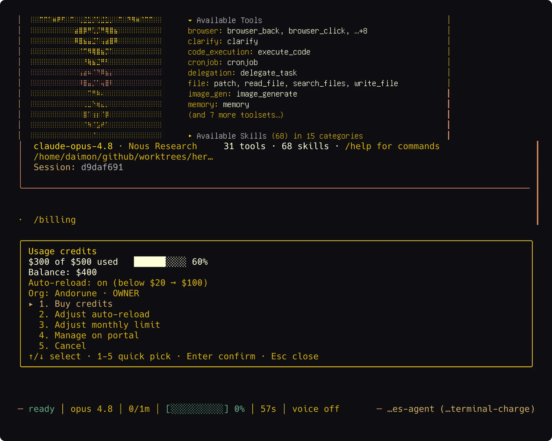 Hermes terminal billing screen showing usage credits, balance, auto-reload, and billing actions