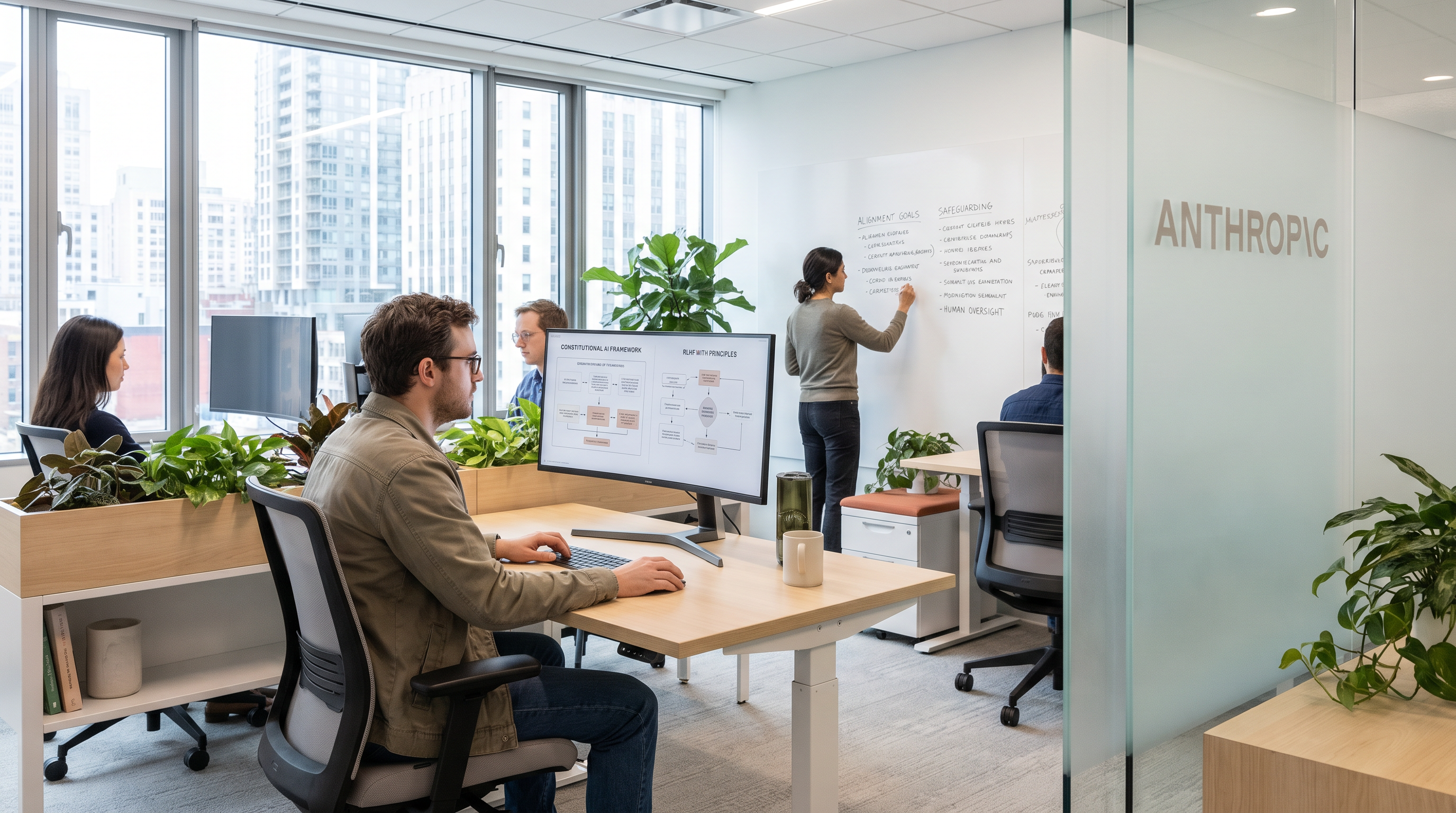 Anthropic's research team presenting the Constitutional AI framework evolution at their San Francisco headquarters. The new dynamic principle hierarchy allows Claude Mythos to navigate complex ethical trade-offs with greater nuance.