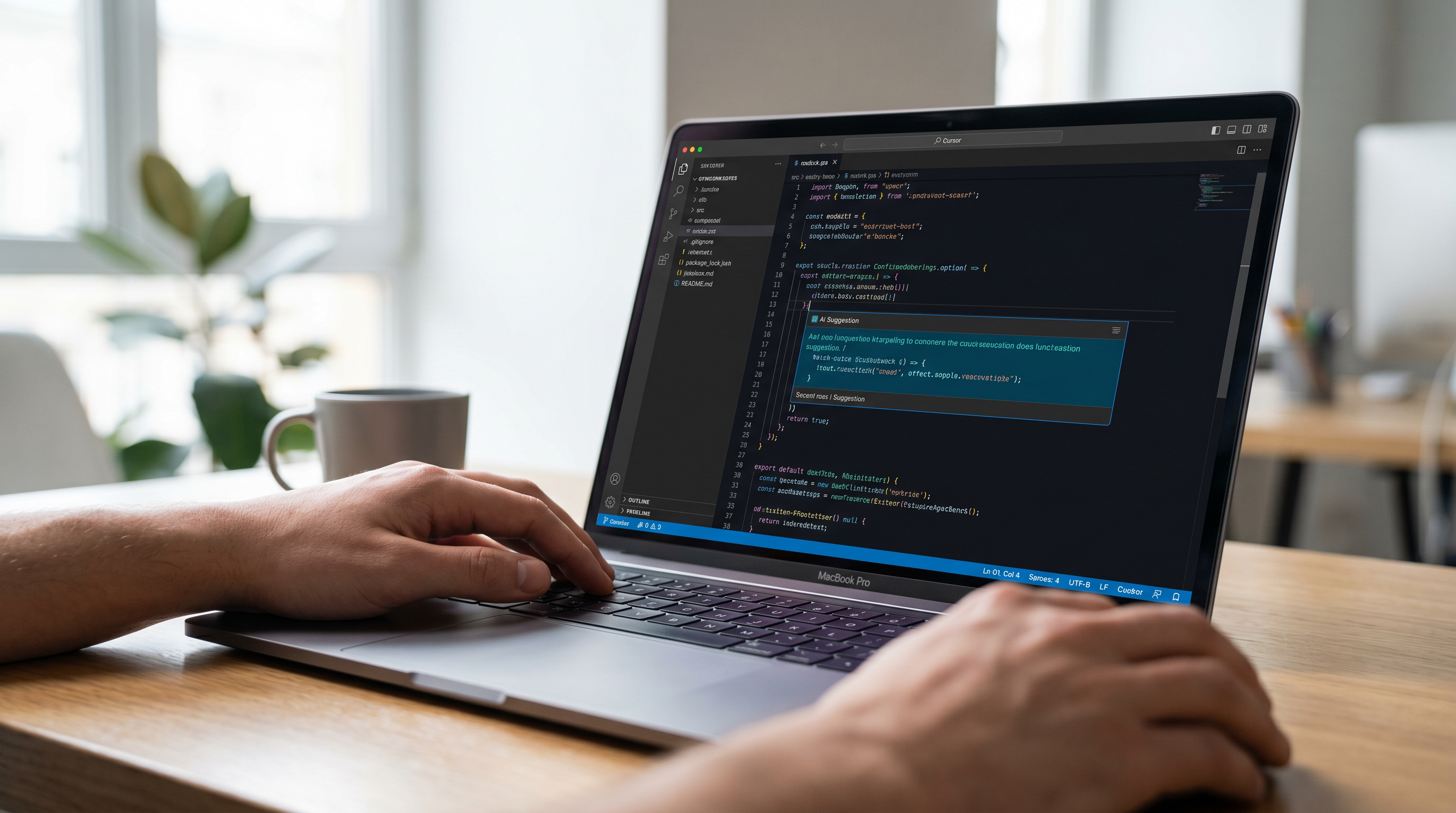 A developer using Cursor's AI-assisted coding environment. The editor's context-aware suggestions appear inline, with the model drawing on the full project codebase to generate relevant completions.