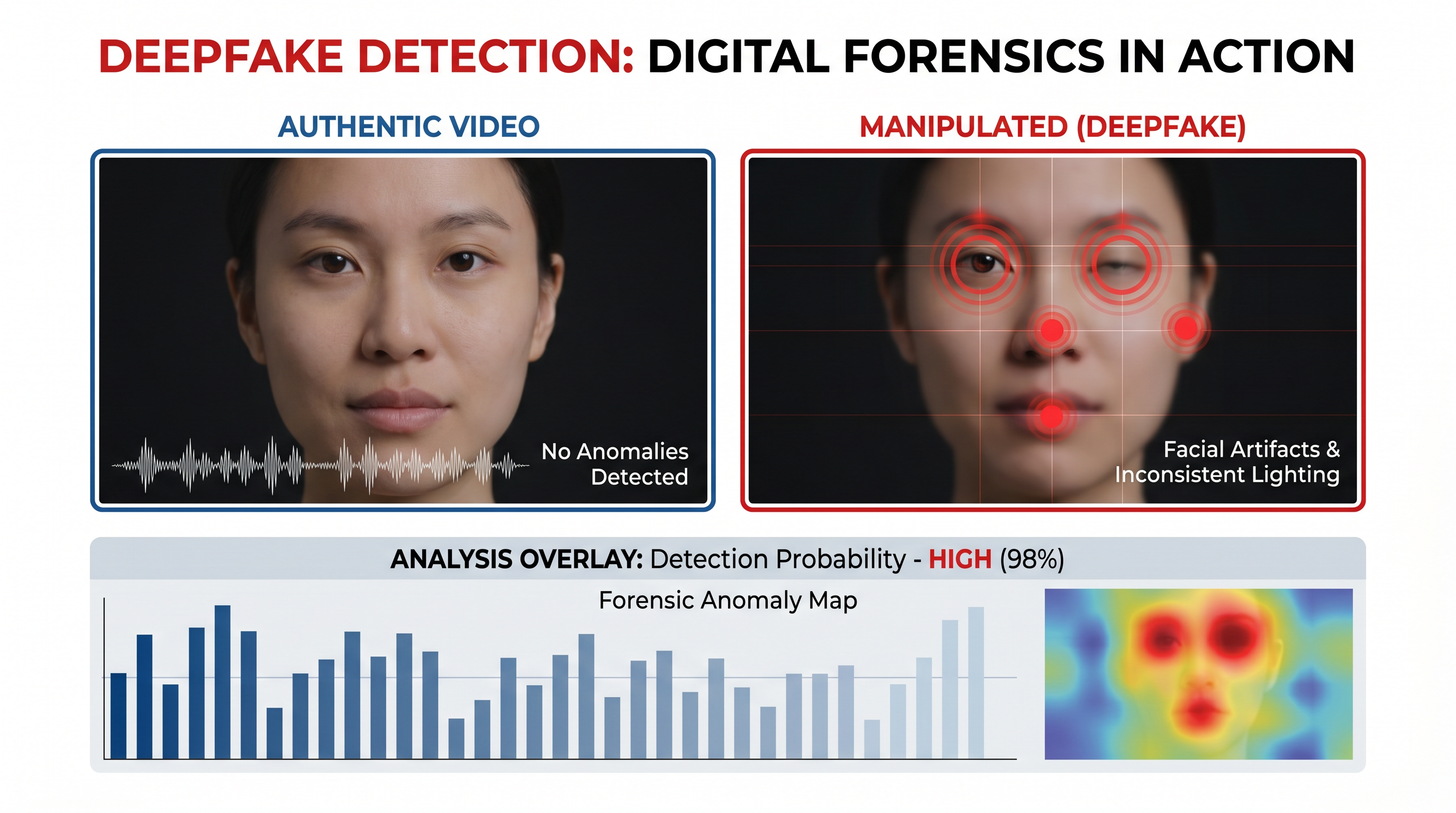Sentinel-7's detection interface showing the analysis of a deepfake video. Red markers indicate detected facial artifacts and lighting inconsistencies. The system processes video at 30 frames per second on standard hardware.