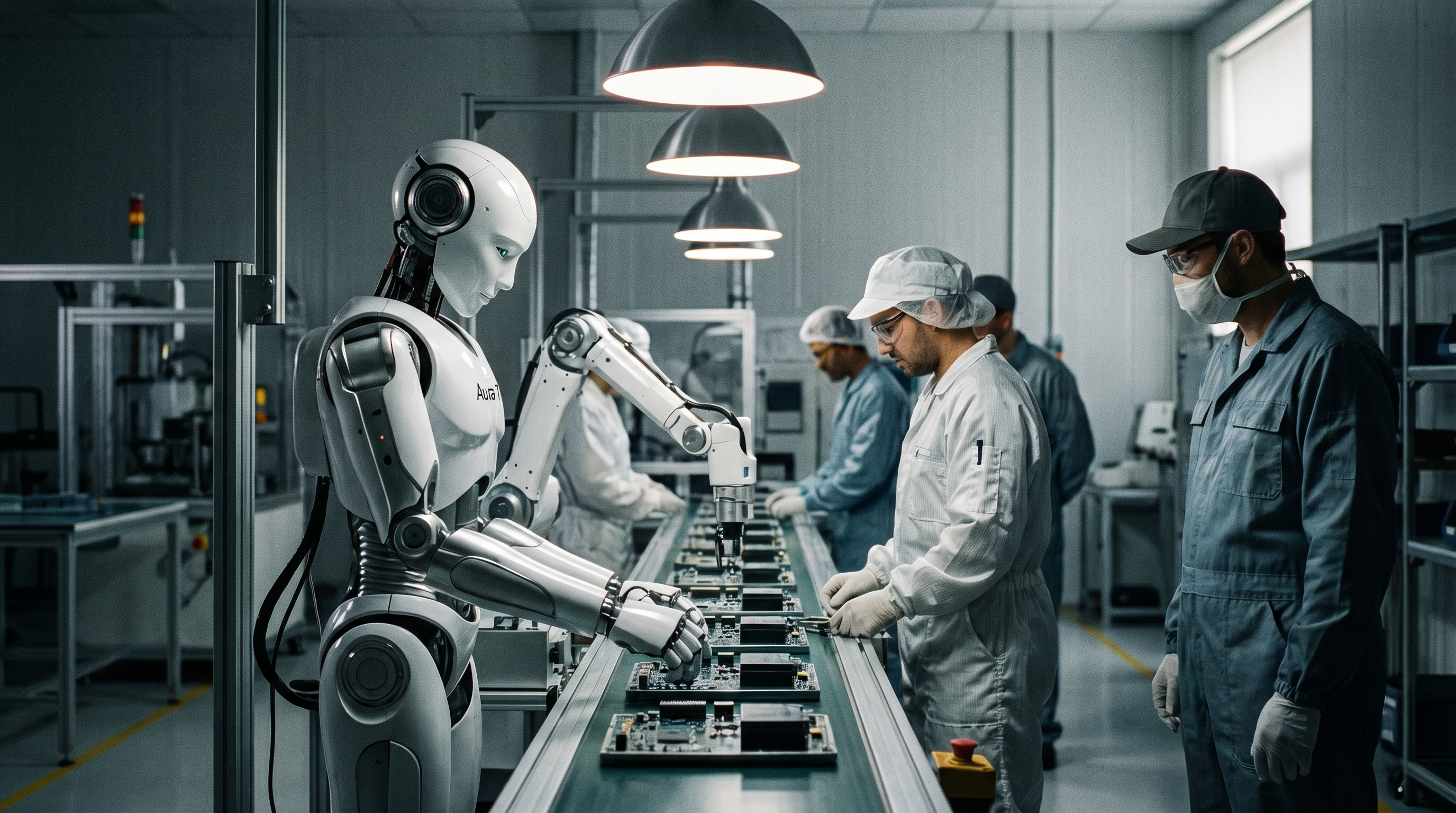 An Optimus robot working alongside human technicians on a Tesla assembly line. The robot's AI system allows it to perform complex assembly tasks with precision comparable to experienced human workers.